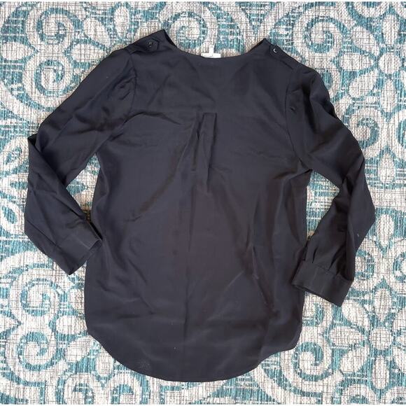 Joie 'Mystic' Black Silk Blouse - Contrast Trim V-Neck Long Sleeve Shirt - Picture 5 of 10
